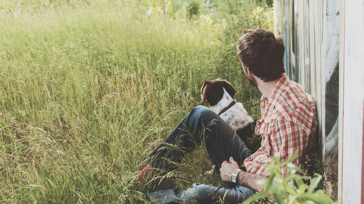 A happy dog sitting next to a man who is looking at the horizon, both sitting in the grass, enjoying a peaceful moment together