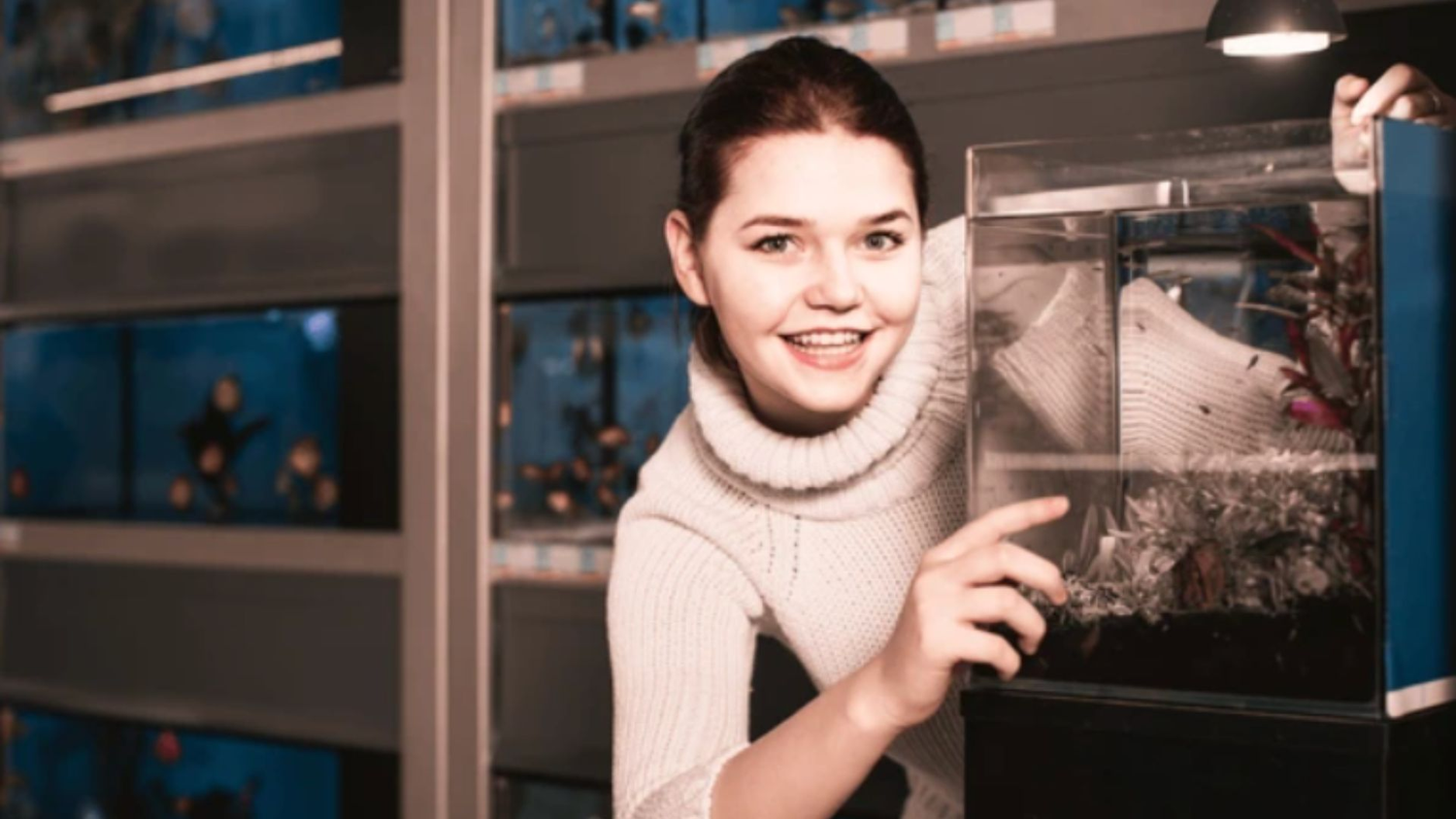 A girl pointing at a beautifully decorated aquarium, showcasing vibrant aquatic life and accessories.