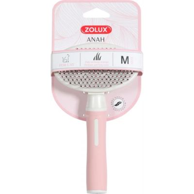 Zolux Anah Slicker Brush in soft pink and white, designed for medium and long hair, featuring a retractable head and a comfortable handle.